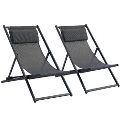 Conjunto de 2 espreguiçadeiras dobráveis de alumínio com encosto ajustável em 5 posições e apoio de cabeça 60x100x85 cm cinzento
