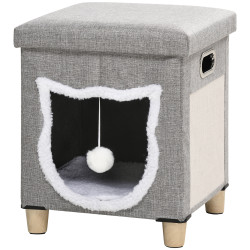 Casa para gatos 2 em 1 com apoio para os pés com almofada amovível e almofada para arranhar 35,5x35,5x42,5 cm cinza