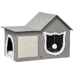 Casa para gatos com almofada para arranhar almofada macia e bola suspensa 65x41x45,5 cm cinza
