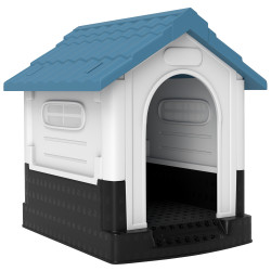 Casa para cães mini de exterior em plástico com 3 janelas base elevada telhado inclinado 64,5x57x66 cm azul