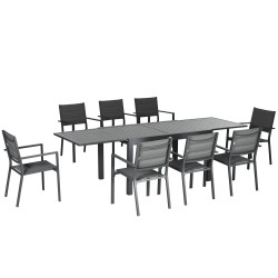 Conjunto de jardim refeição de 9 peças com mesa extensível 8 cadeiras empilháveis 135-270x89x74cm cinza