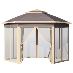 Tenda dobrável 4,05x3,4x2,85 m tenda de jardim hexagonal com 6 mosquiteiras amovíveis e altura ajustável bege