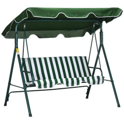 Baloiço de jardim de 3 lugares com almofada toldo ajustável e estrutura de metal 172x110x153cm verde e branco