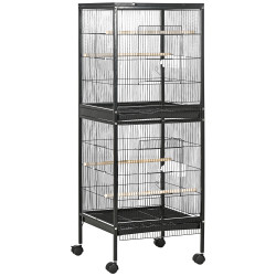 Gaiola para pássaros com rodas de 2 níveis com bandejas removíveis portas comedouros poleiros 51,5x50x140 cm preto
