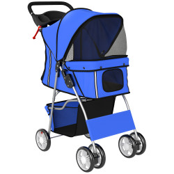 Carrinho dobrável para cães com faixas refletoras rodas giratórias freios e almofada lavável azul