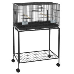 Gaiola para pássaros com rodas 77x46x119 cm bandeja amovível 2 poleiros 2 comedouros e prateleira de armazenamento preto