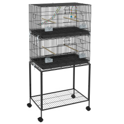 Gaiola dupla e empilhável para pássaros 77x46x164 cm com rodas poleiros bandeja amovível comedouros baloiço e escada preto