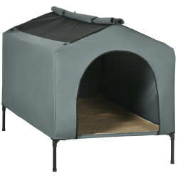 Casa para cães com cobertura exterior cama elevada com almofada e janelas de malha 130x85x95 cm cinza