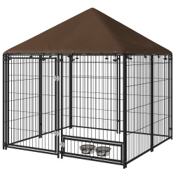 Parque para cães com toldo com suporte giratório para comida 2 tigelas incluídas 141x141x151 cm preto marrom