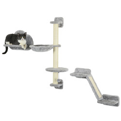 Conjunto de prateleiras de escalada para gatos de 3 peças com rede rampa arranhador plataforma em forma de nuvem para saltar cinzento