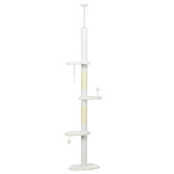 Arranhador para gatos do chão ao teto com altura ajustável e 3 plataformas em forma de nuvem 48x32x225-255 cm branco