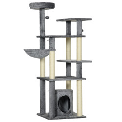 Arranhador para gatos com poste de arranhar de sisal cama caverna plataformas e bolas suspensas 49x49x144 cm cinza