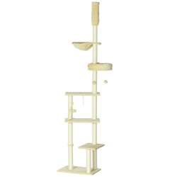 Arranhador para gatos do solo ao teto de 230-250 cm com altura ajustável múltiplas plataformas rede bolas suspensas bege