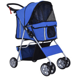 Carrinho de passeio para animais de estimação dobrável com cesta de armazenamento e travão 75x45x97cm azul