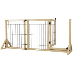 Barreira de segurança para cães extensível de 2 painéis e pés de apoio triangular 112-159x44x70 cm madeira