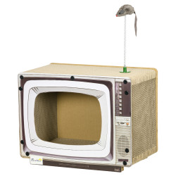 Arranhador de cartão para gatos casa para gatos em forma de televisor com rato de brinquedo 43x23x32,5 cm areia