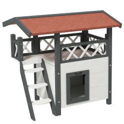 Casa para gatos de madeira 77x50x73cm casa para gatos com 2 níveis com teto asfáltico terraço cercado caverna e escada branco