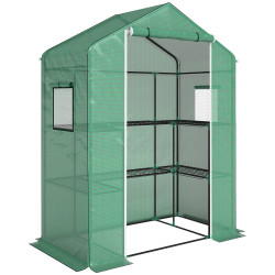 Estufa de jardim com 1 porta 2 janelas e prateleiras de 2 níveis em forma de u para cultivo de plantas 140x73x190 cm verde