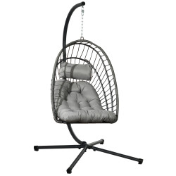 Cadeirão suspenso de vime dobrável com 2 almofadas e estrutura de aço capacidade 100 kg 100x131x194 cm cinza escuro