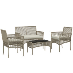 Conjunto de móveis de jardim de vime de 4 peças móveis de varanda com 1 sofá 2 poltronas e mesa de centro cáqui