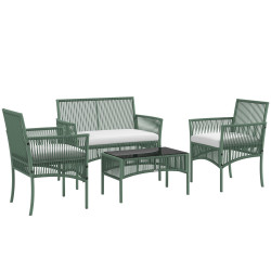 Conjunto de jardim exterior em ratan sintético com 2 poltronas 1 sofá de 2 lugares 1 mesa de centro e almofadas verde