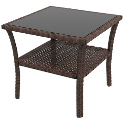 Mesa de vime quadrada 50x50x45 cm mesa de jardim e prateleira tampo de vidro suporta 30 kg para terraço pátio castanho