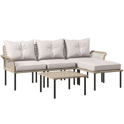 Conjunto de jardim em vime sintético conjunto de móveis de exterior com sofá de 4 módulos 1 mesa de centro e almofadas creme