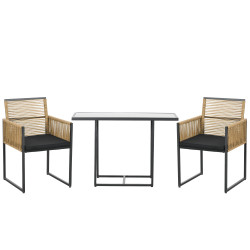 Conjunto de 3 peças de jardim com 2 cadeiras de vime com encosto dobrável e almofadas e mesa de vidro natural e preto