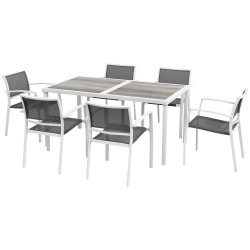 Conjunto de refeição de jardim de 7 peças com 1 mesa e 6 cadeiras empilháveis estilo moderno branco e cinza