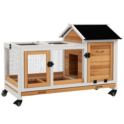 Coelheira de madeira com rodas para 1-2 coelhos com teto abatível bandeja amovível 108x58x73,5 cm madeira e branco