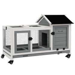 Coelheira de madeira com rodas para 1-2 coelhos com teto abatível bandeja amovível 108x58x73,5 cm cinza e branco