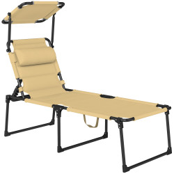 Espreguiçadeira dobrável espreguiçadeira de jardim com toldo ajustável para jardim terraço piscina 70x200x45 cm creme