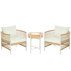 Conjunto de jardim exterior com 2 cadeiras e mesa em vime com almofadas acolchoadas para varanda terraço bege e creme