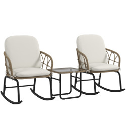 Conjunto de móveis de vime de 3 peças conjunto de 2 cadeiras de baloiço 1 mesa de centro e almofadas creme e bege