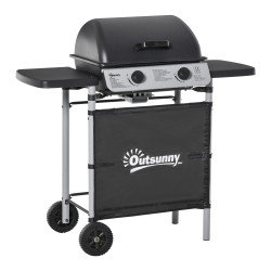 Barbecue a gás com 2 queimadores 2,8 kw 2 rodas 2 mesas laterais e grelhas de aço para piquenique campismo 104x49x99 cm preto