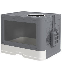 Caixa de areia para gatos amovível com pá escova 2 portas entrada principal e saída superior 48,5x38x36,5 cm cinza