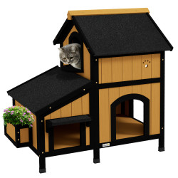 Casa para gatos de madeira com suporte para flores de 2 níveis e teto asfáltico 96x65x85,5 cm madeira e preto