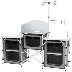 Armário de cozinha para camping dobrável com 3 bancadas, 4 ganchos, poste de luz e bolsa de transporte, 172x48x130 cm, cinzento