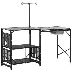 Mesa de campismo de 3 níveis dobrável com prateleiras de armazenamento suporte para candeeiro e bolsa de transporte 173x52x80-174 cm preto