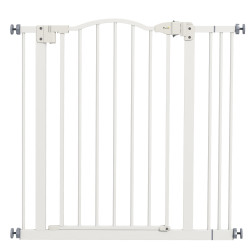 Barreira de segurança para cães com largura ajustável 74-87 cm e extensões para escadas e portas branco