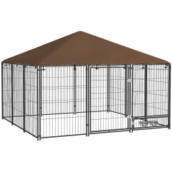 Parque para cães com toldo canil para exterior com suporte giratório para comida 2 tigelas 211x211x151 cm preto marrom