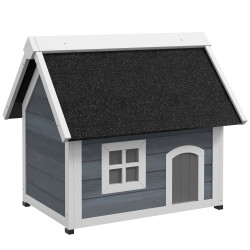 Casa para gatos de madeira com telhado asfáltico rebatível janela e portas com cortina 77x57,5x68 cm cinzento e preto