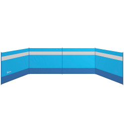 Corta vento para campismo de 4 painéis 725x140 cm com painel superior transparente postes de aço estacas e bolsa de transporte azul