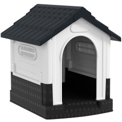 Casa para cães mini de exterior em plástico com 3 janelas base elevada telhado inclinado 64,5x57x66 cm cinzento escuro