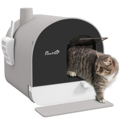 Caixa de areia para gatos fechada com porta dianteira bandeja removível pá tapete e filtro 43x44x47 cm cinza