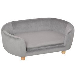 Sofá para cães pequenos com pés de madeira almofada removível e capa lavável 86x55x33 cm cinzento claro