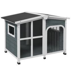 Casa para cães de madeira com teto abatível porta com cortina e fundo amovível 101x66,5x70,5cm cinza escuro