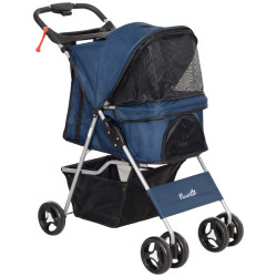 Carrinho para animais de estimação dobrável com capô ajustável cesta de armazenamento 74x46x94 cm azul escuro