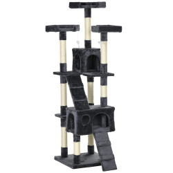 Arranhador para gatos grande 49x49x173 cm com múltiplos níveis cavernas e brinquedos suspensos cinza escuro