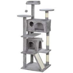 Arranhador para gatos com postes de sisal plataformas cavernas bolas pendentes e redes 49x49x138 cm cinza claro